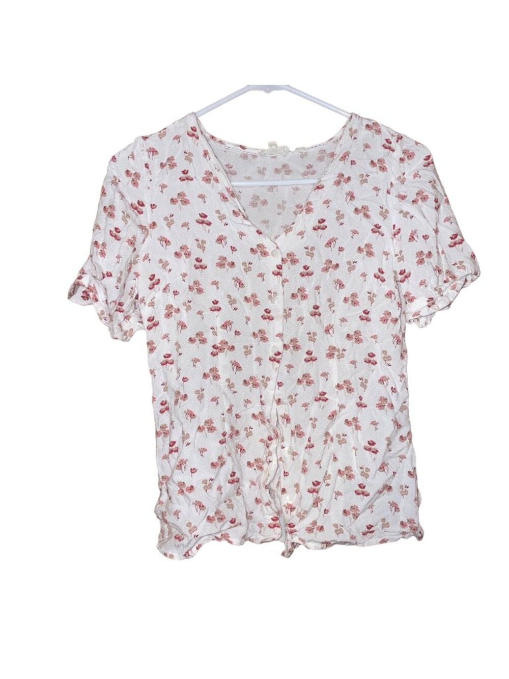 Fat Face Womens Floral Button-Up Top Short Sleeves Textured Design UK 34 / US 2